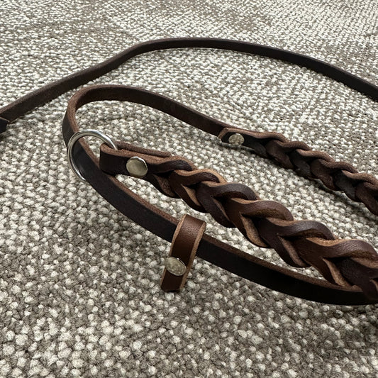 Retrieverkoppel i läder, brun/silver, flätad halsdel