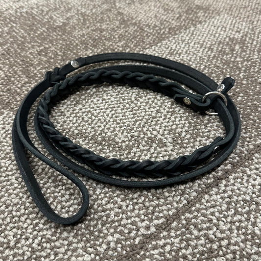 Retrieverkoppel i läder, svart/silver, flätad halsdel