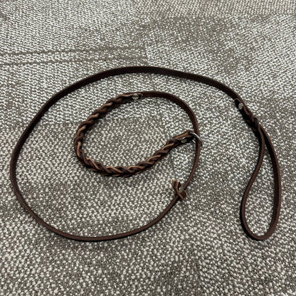 Retrieverkoppel i läder, brun/silver, flätad halsdel